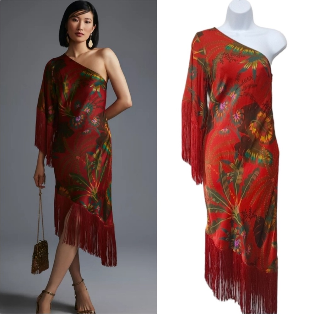 Farm Rio for Anthropologie Fringed One-Shoulder Dress XSP